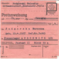 Маженна Подгурская: карточка почтового перевода из Аушвица, сторона 2